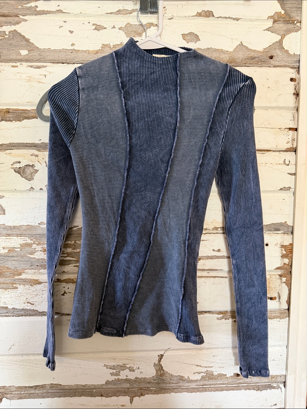 Ribbed Vertical-Panel Long Sleeve Top - Slate Blue